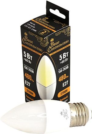 Лампа светодиодная ВАШЕ СИЯТЕЛЬСТВО E27 свеча 5W 480lm 2700K купить в СОМ